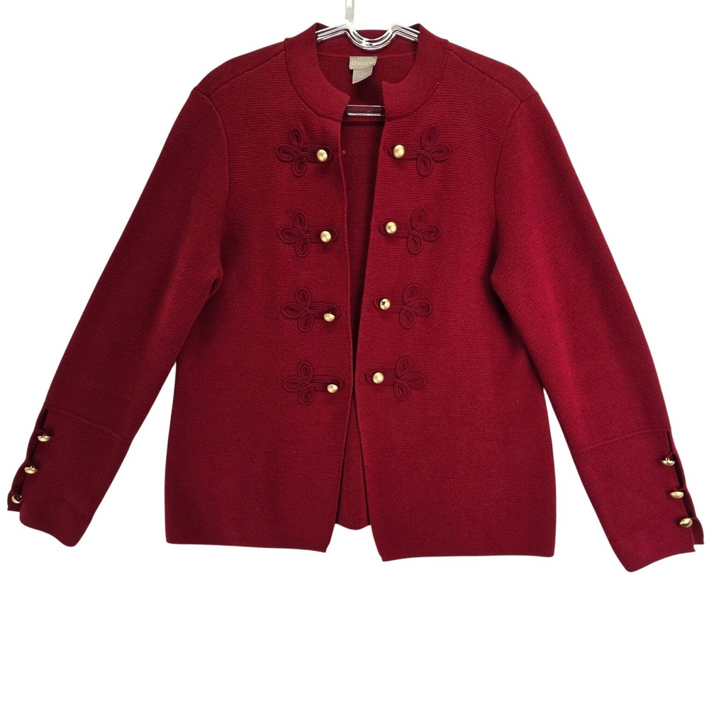 Chicos Red Knit Cardigan Jacket Gold Button Festive Twee Indie Womens Medium
